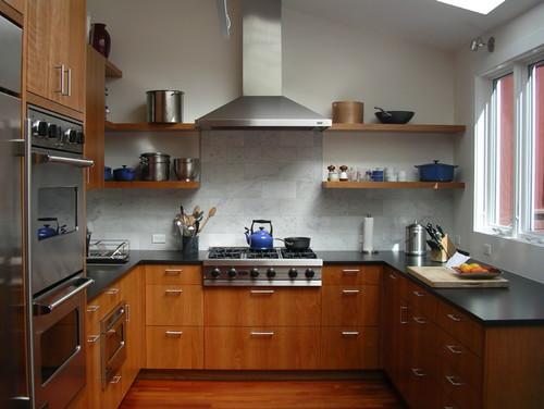 solid cherry cabinets, marble subway tile backsplash, stainless steel appliances